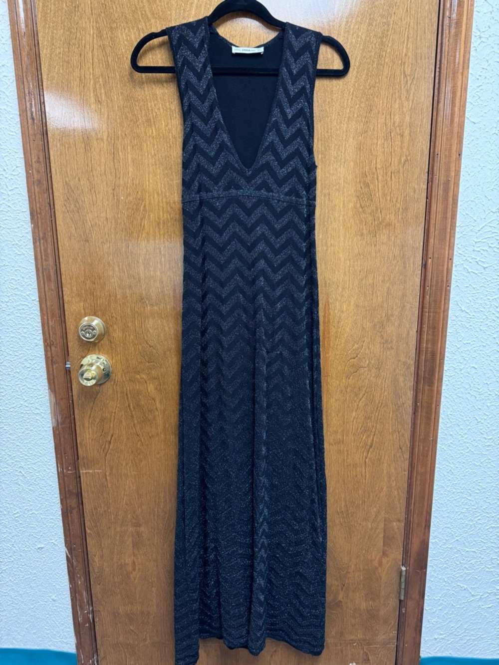 Zara Black Chevron-Textured V-Neck Maxi Dress